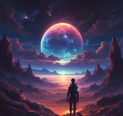 Illustration of outer planet with starry galaxy.