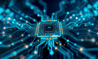 Poster - glowing AI chip processor is at center of complex circuit board, symbolizing advanced technology and innovation in artificial intelligence