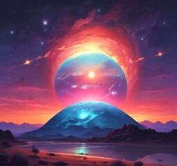 Illustration of outer planet with starry galaxy.