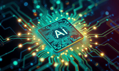 Poster - glowing AI chip processor is surrounded by intricate circuitry, symbolizing advanced technology and innovation artificial intelligence. vibrant colors highlight complexity and connectivity of
