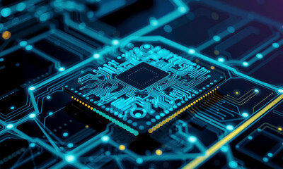 Poster - glowing microchip on circuit board, showcasing intricate electronic pathways and futuristic technology. blue and black color scheme highlights advanced design and innovation in computing