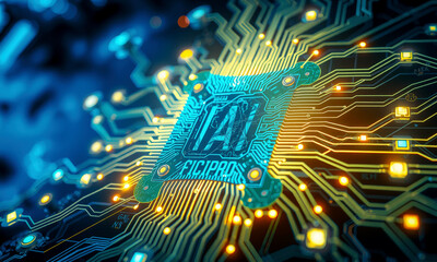 Poster - glowing AI chip processor is integrated into circuit board, showcasing intricate pathways and illuminated connections, symbolizing advanced technology and innovation