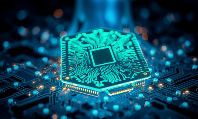 Poster - glowing AI chip processor is integrated into complex circuit board, showcasing advanced technology and innovation. intricate design highlights future of computing and artificial intelligence
