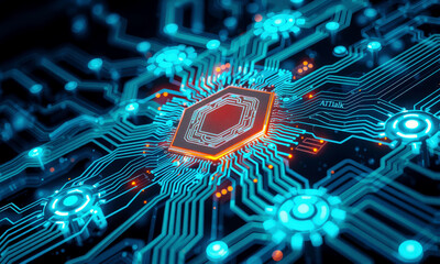 Poster - glowing AI chip processor is integrated into complex circuit board, showcasing advanced technology and innovation. intricate design highlights future of computing and artificial intelligence