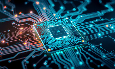 Poster - glowing AI chip processor is integrated into complex circuit board, showcasing advanced technology and innovation in computing. intricate design highlights future of artificial intelligence