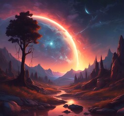 Illustration of outer planet with starry galaxy.