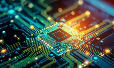 Poster - close up of glowing circuit board with intricate pathways and vibrant colors, showcasing complexity and innovation of modern technology