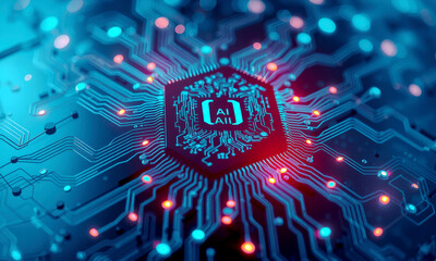 Poster - glowing AI chip processor is embedded in complex circuit board, illuminated by vibrant blue and red lights, symbolizing advanced technology and innovation in artificial intelligence