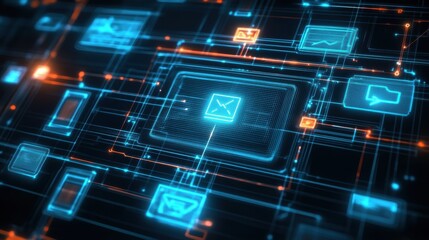 Poster - Futuristic digital interface transmitting email messages online through an intricate electronic circuit board, highlighting glowing icons and dynamic data streams for seamless communication