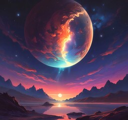 Illustration of outer planet with starry galaxy.