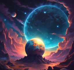 Illustration of outer planet with starry galaxy.