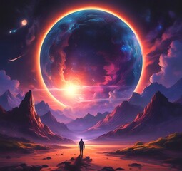 Illustration of outer planet with starry galaxy.