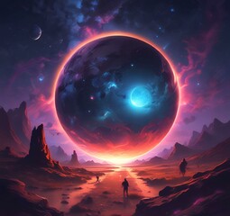 Illustration of outer planet with starry galaxy.