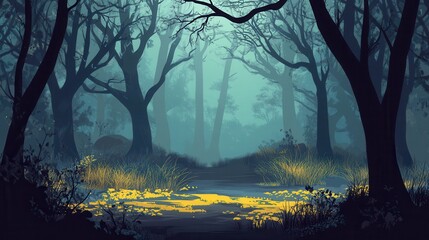 Wall Mural - Mystical Forest Stream Yellow Flowers Dark Trees