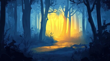 Wall Mural - Serene Sunset Path Through A Blue Forest
