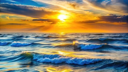 golden hues of dawn illuminate the vast expanse of the ocean, as undulating waves dance across the h
