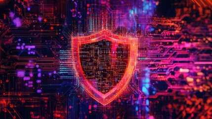 Aufkleber - Cybersecurity concept with glowing shield protecting digital information on futuristic circuit board, symbolizing online safety and data protection in virtual realm