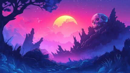 Wall Mural - Surreal Landscape Featuring A Skull At Sunset