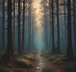 Illustration of dark spooky woods.