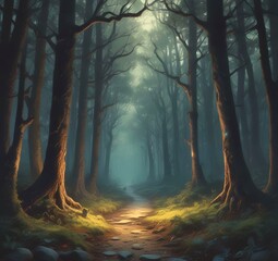 Illustration of dark spooky woods.