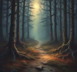 Illustration of dark spooky woods.