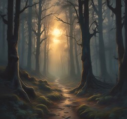 Illustration of dark spooky woods.