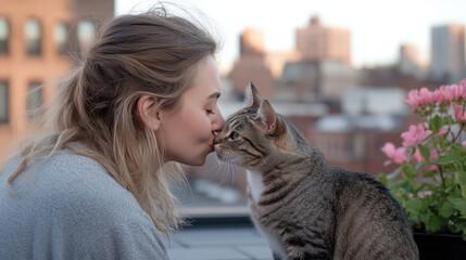 young woman in casual clothes shares tender moment with her cat on rooftop, surrounded by city views and flowers