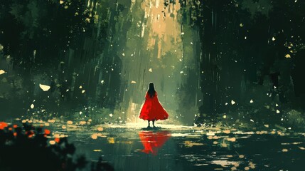 Wall Mural - Woman In Red Stands By Still Water In A Forest