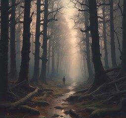 Illustration of dark spooky woods.