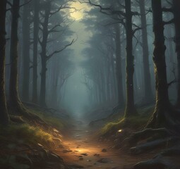 Illustration of dark spooky woods.