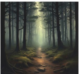 Illustration of dark spooky woods.