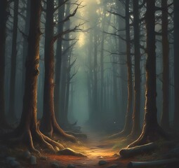 Illustration of dark spooky woods.