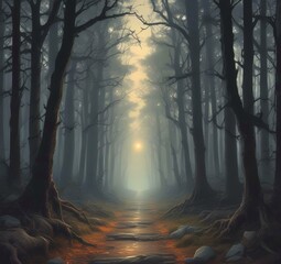 Illustration of dark spooky woods.