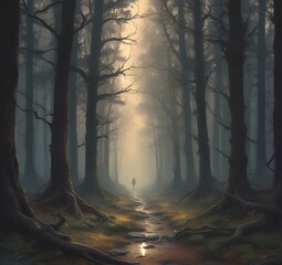 Illustration of dark spooky woods.