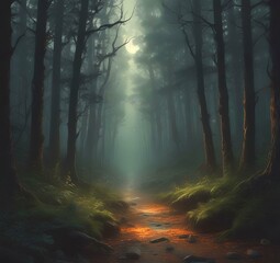 Illustration of dark spooky woods.