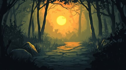 Wall Mural - Forest Path Sunset Golden Hour Tranquil Scene