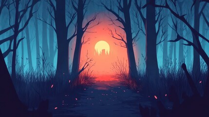 Wall Mural - Forest Path Leading to Distant Sunset Castle