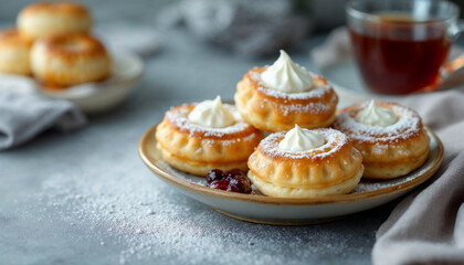 Wall Mural - Golden syrniki with sour cream and jam, set against a cozy tea-time background.