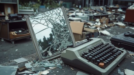 An abandoned typewriter sits among shattered glass, reflecting a cracked reality in a chaotic, deserted outdoor space.