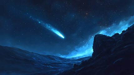 a glowing comet streaking across a starry night sky, celestial glowtime, aweinspiring and cosmic. ni