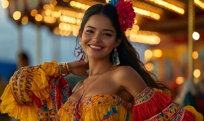 Woman smiles at carnival, lights blurred