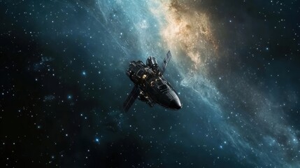 Wall Mural - A futuristic spacecraft travels through a vast and starry expanse of space, with a swirling nebula in the background.