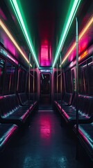 Poster - Empty Subway Car Illuminated with Neon Lights