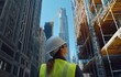© MilaK K - Female Construction Worker Inspecting Urban High-Rise Project with Scaffolding and Cranes. Modern Architecture and Engineering