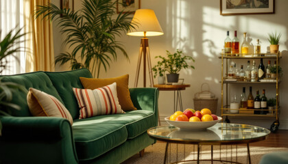 Art deco interor living room with a large window, curtains, a sofa, a coffee table, and a record player.