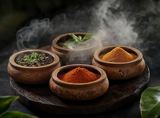 Indian spices in wooden bowls with smoke on a dark background. Colorful Indian spice powders and herbs, a culinary concept. Spices for cooking in traditional round clay pots. 