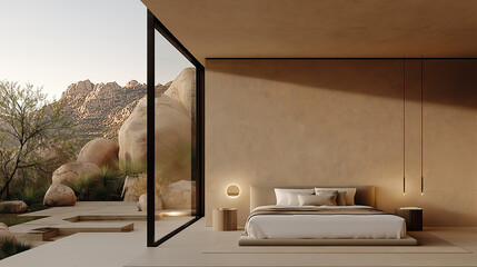 Wall Mural - Modern Minimalist Bedroom with Desert View: A sleek and modern bedroom designed with a minimalist aesthetic, featuring a large window with stunning views of the desert landscape.