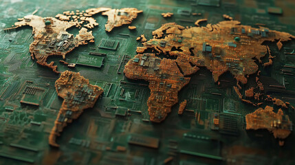 Poster - futuristic world map with circuit board designs, showcasing technology