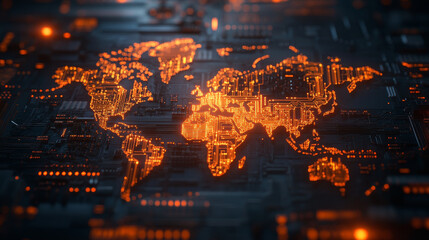 Poster - futuristic world map with circuit board designs glowing in orange tones