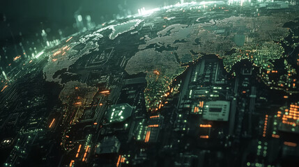 Poster - futuristic world map with circuit board designs showcasing technology